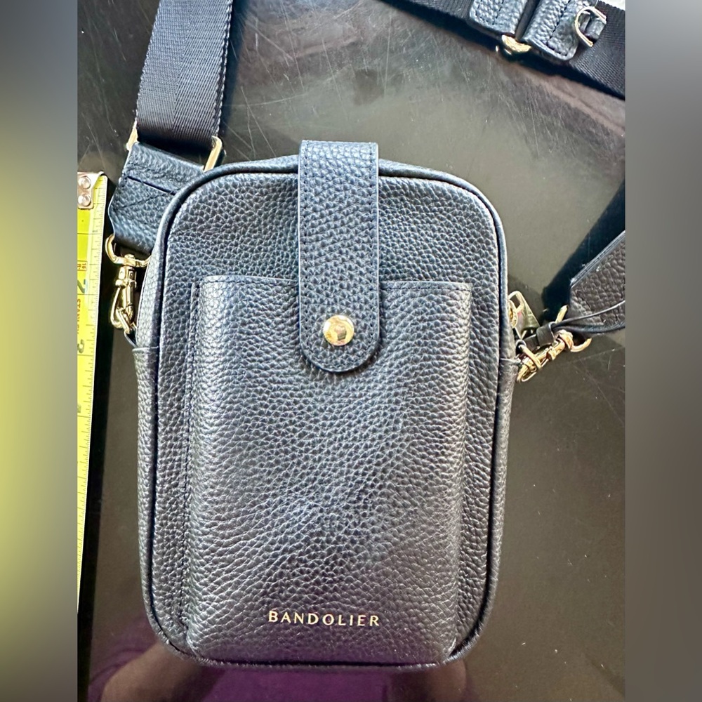 Bandolier Black Leather Phone Crossbody with Gold Accents - Picture 3 of 10